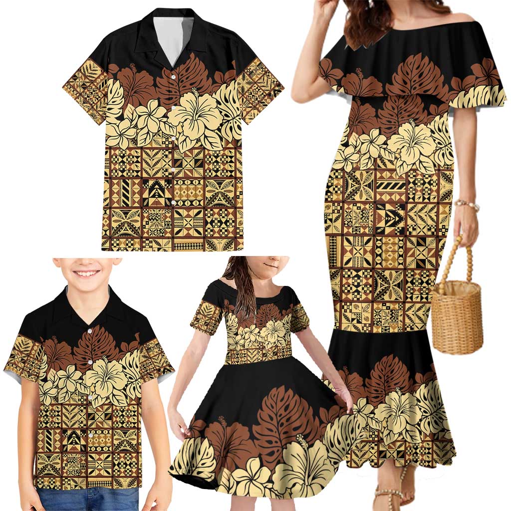 Niue Hiapo Motif Family Matching Mermaid Dress and Hawaiian Shirt Tapa Classic - Black Ver