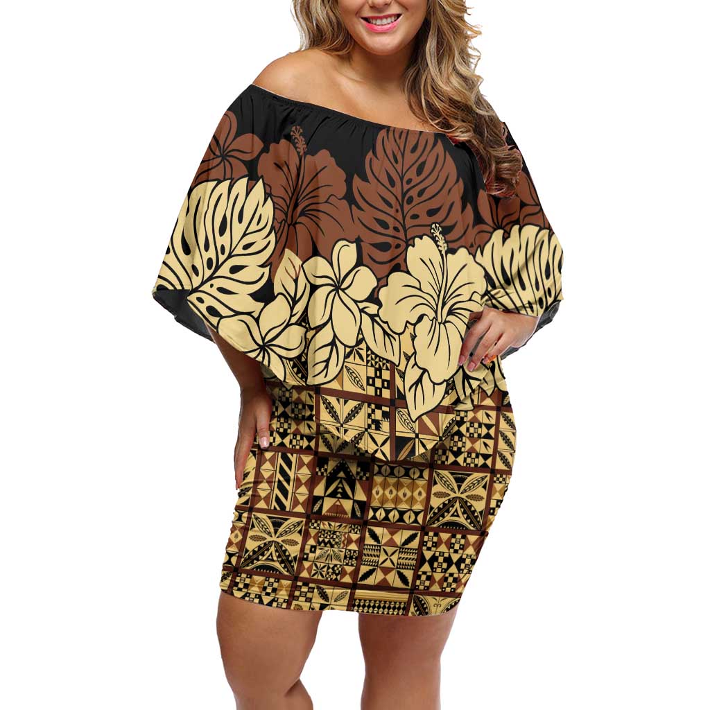 Niue Hiapo Motif Off Shoulder Short Dress Tapa Classic - Black Ver LT7 Women Black - Polynesian Pride