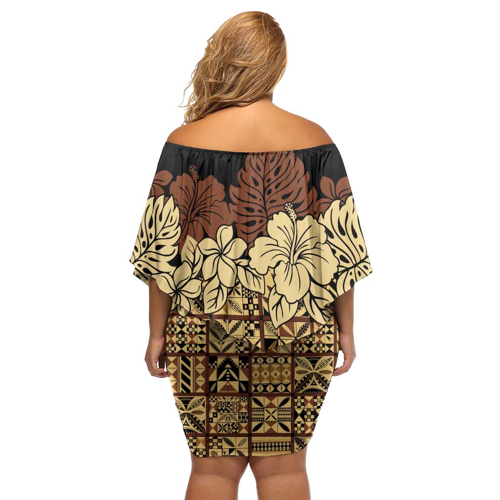 Niue Hiapo Motif Off Shoulder Short Dress Tapa Classic - Black Ver LT7 - Polynesian Pride