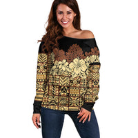 Niue Hiapo Motif Off Shoulder Sweater Tapa Classic - Black Ver LT7 Women Black - Polynesian Pride