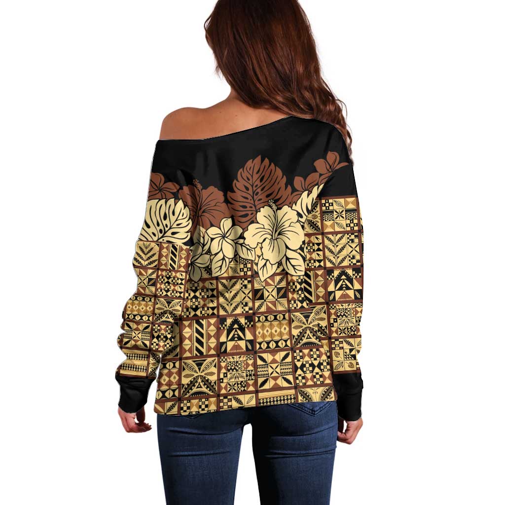 Niue Hiapo Motif Off Shoulder Sweater Tapa Classic - Black Ver LT7 - Polynesian Pride