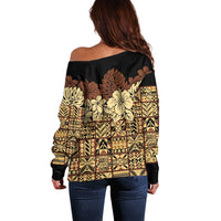 Niue Hiapo Motif Off Shoulder Sweater Tapa Classic - Black Ver LT7 - Polynesian Pride