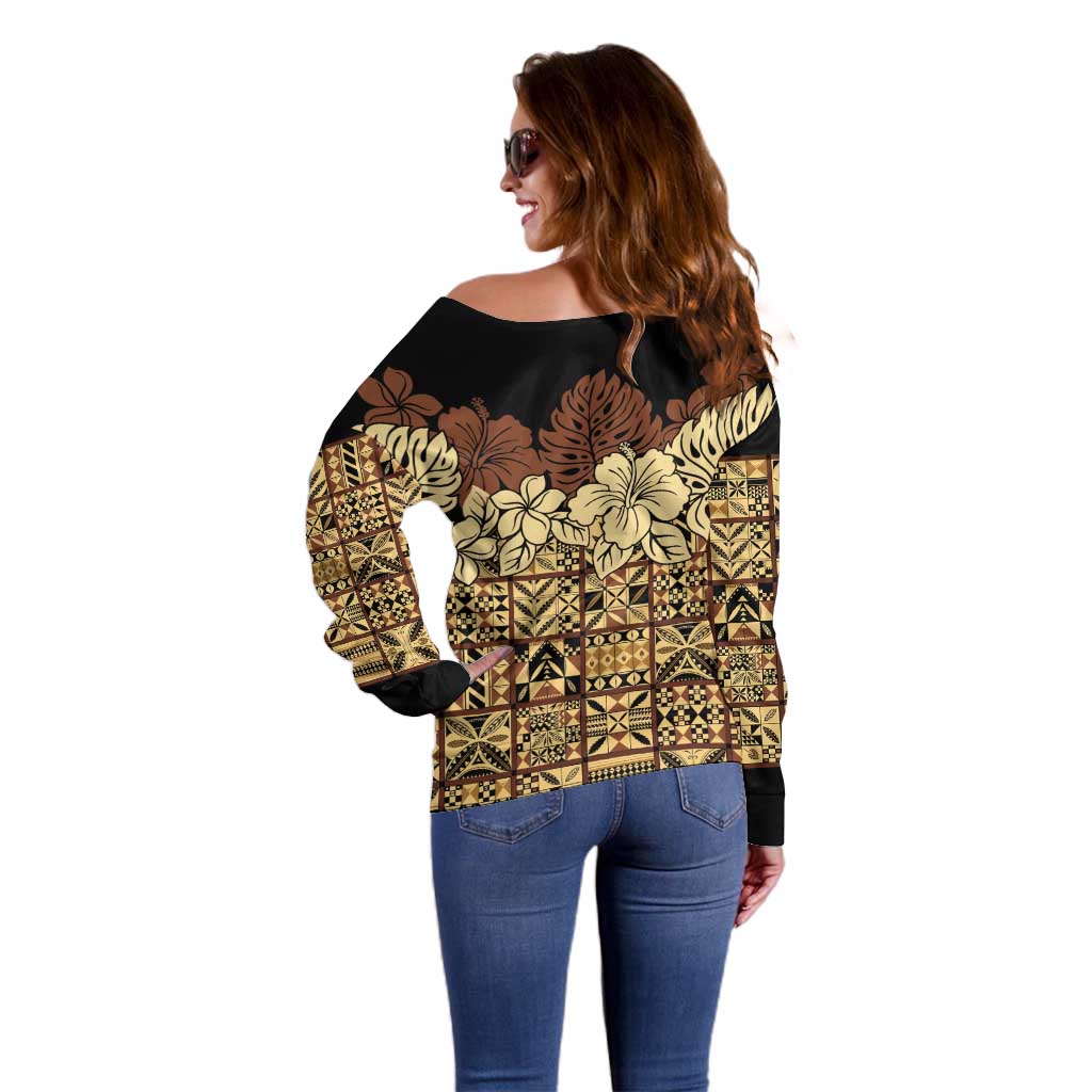 Niue Hiapo Motif Off Shoulder Sweater Tapa Classic - Black Ver LT7 - Polynesian Pride
