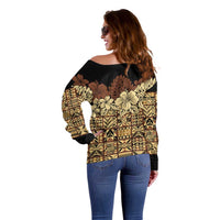 Niue Hiapo Motif Off Shoulder Sweater Tapa Classic - Black Ver LT7 - Polynesian Pride