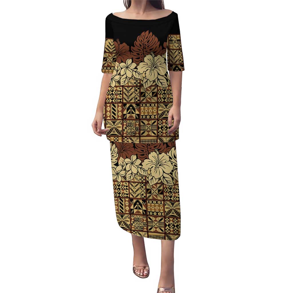 Niue Hiapo Motif Puletasi Tapa Classic - Black Ver LT7 Long Dress Black - Polynesian Pride
