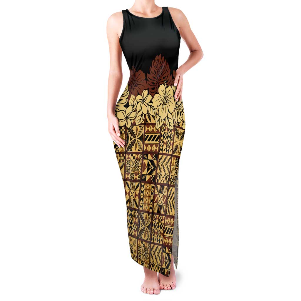 Niue Hiapo Motif Tank Maxi Dress Tapa Classic - Black Ver LT7 Women Black - Polynesian Pride