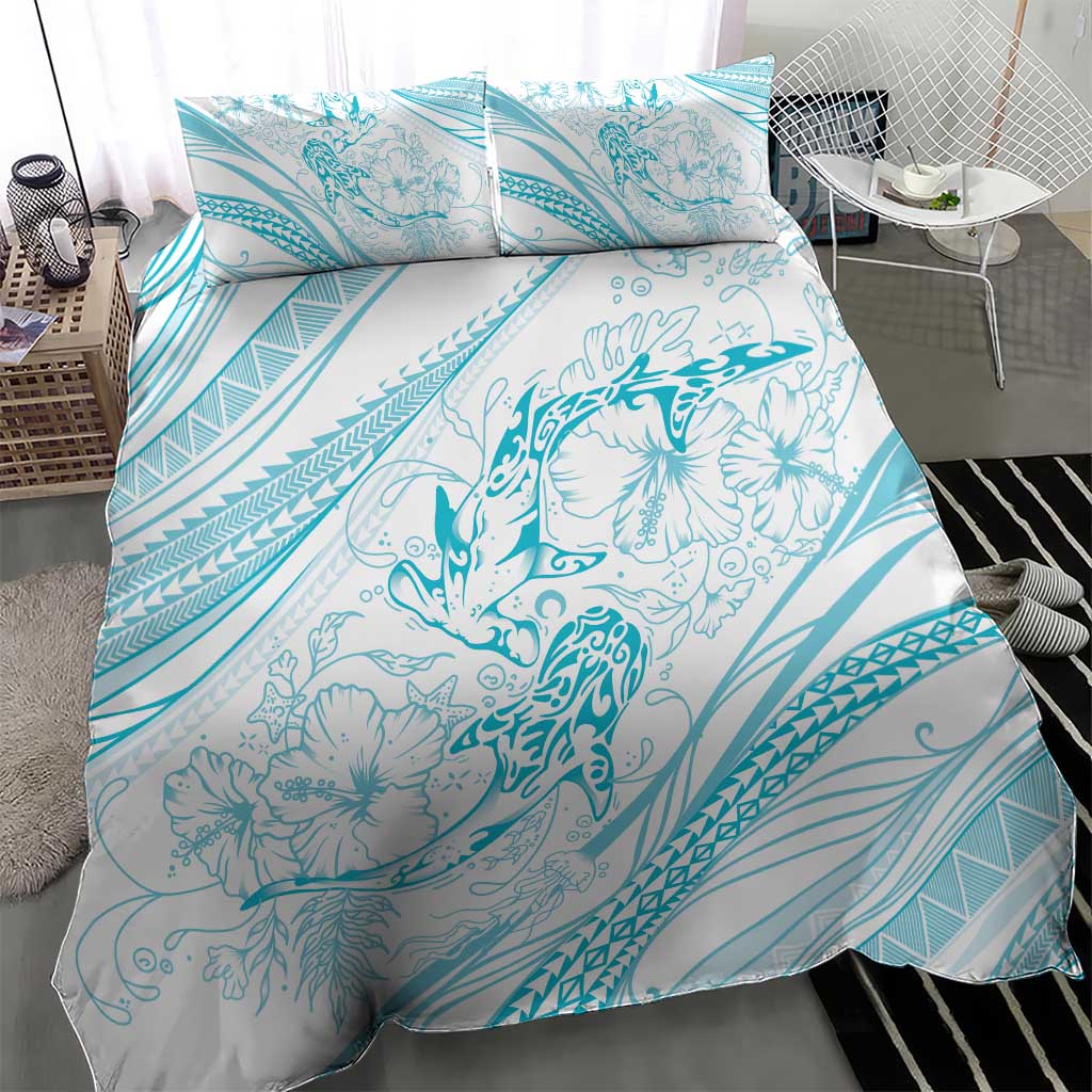 Sharks Couple Dreamy Polynesians Floral Sea Bedding Set Turquoise LT7 - Polynesian Pride