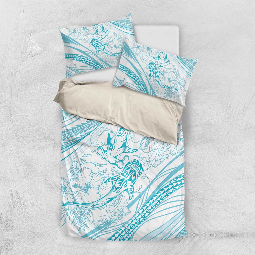 Sharks Couple Dreamy Polynesians Floral Sea Bedding Set Turquoise LT7 US Twin 172cm x 218cm Turquoise - Polynesian Pride