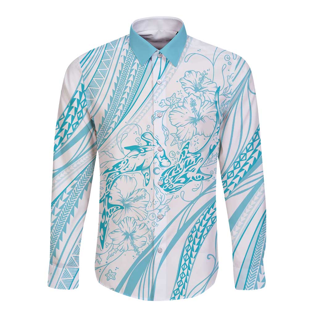 Sharks Couple Dreamy Polynesians Floral Sea Long Sleeve Button Shirt Turquoise LT7 Unisex Turquoise - Polynesian Pride