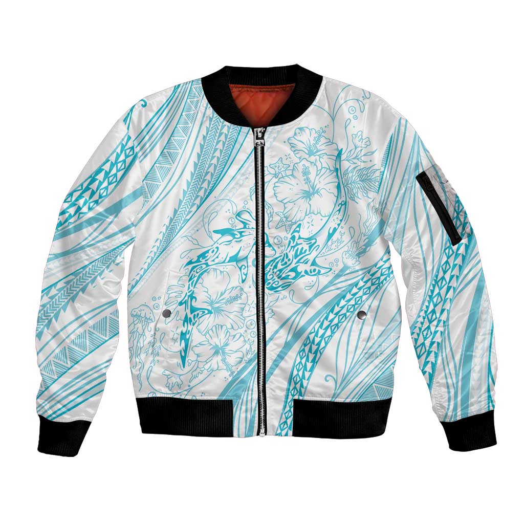 Sharks Couple Dreamy Polynesians Floral Sea Sleeve Zip Bomber Jacket Turquoise LT7 Unisex Turquoise - Polynesian Pride