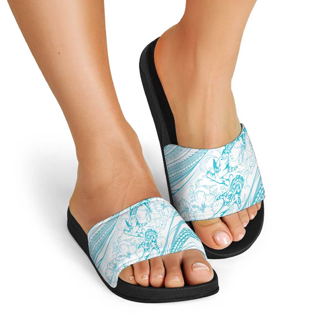 Sharks Couple Dreamy Polynesians Floral Sea Slide Sandals Turquoise LT7 - Polynesian Pride
