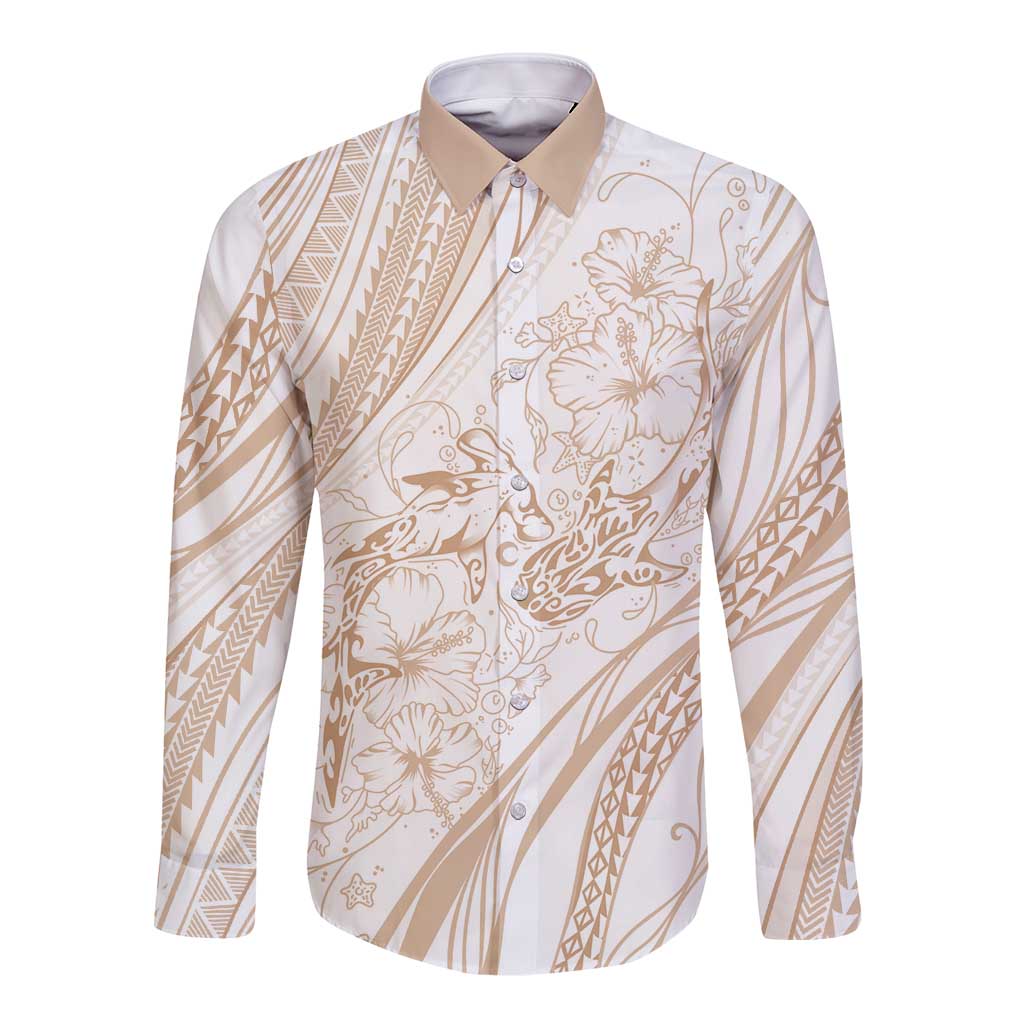 Sharks Couple Dreamy Polynesians Floral Sea Long Sleeve Button Shirt Hazel LT7 Unisex Hazel - Polynesian Pride