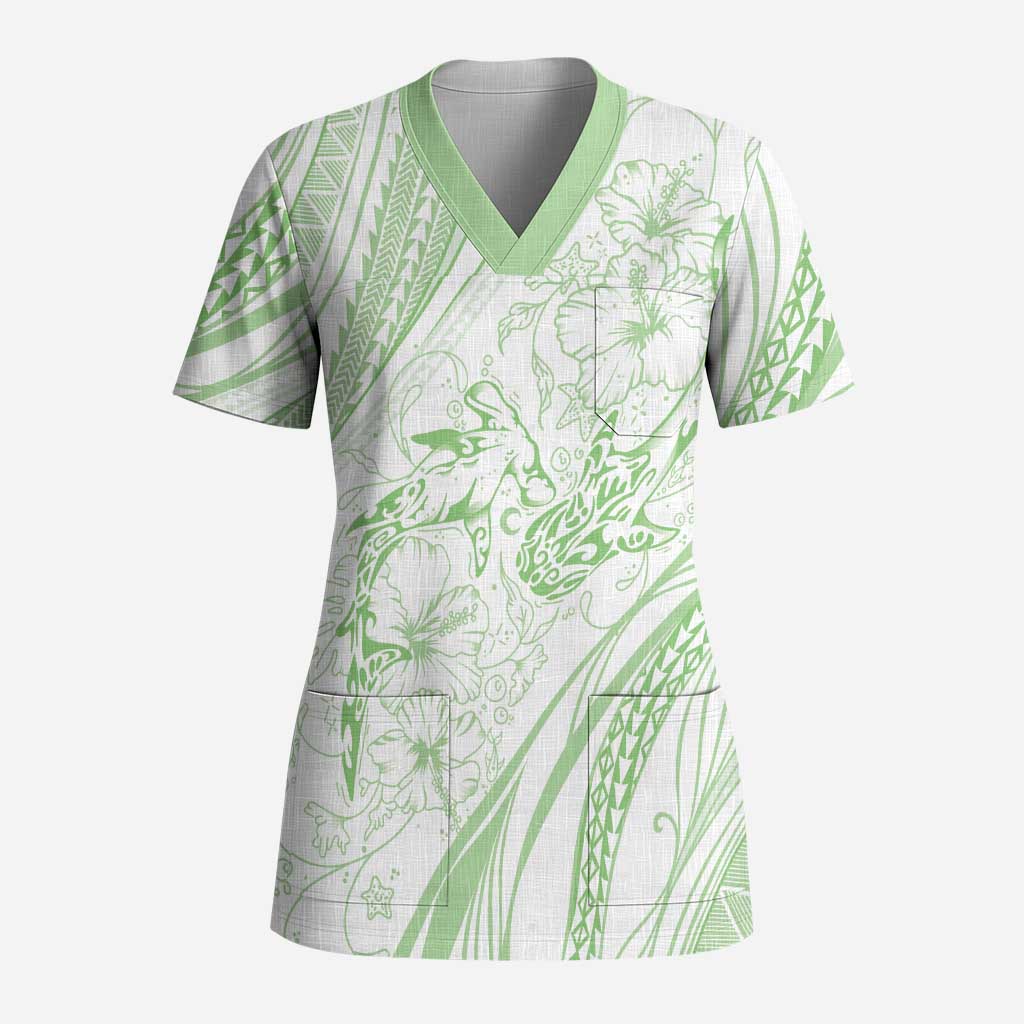 Sharks Couple Dreamy Polynesians Floral Sea Scrub Top Emerald LT7 Adult Emerald - Polynesian Pride