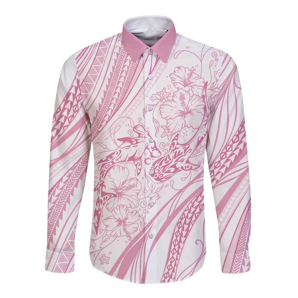 Sharks Couple Dreamy Polynesians Floral Sea Long Sleeve Button Shirt Pink LT7 Unisex Pink - Polynesian Pride
