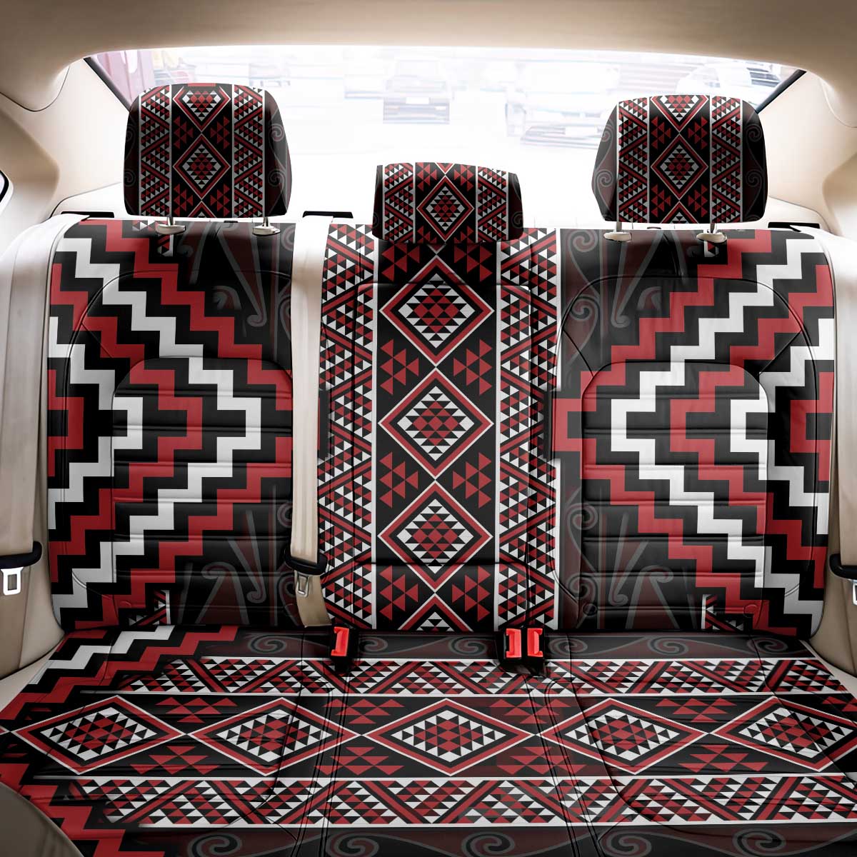 Red Tukutuku Pattern Aotearoa Back Car Seat Cover Niho Taniwha and Puhoro Motifs LT7 - Polynesian Pride
