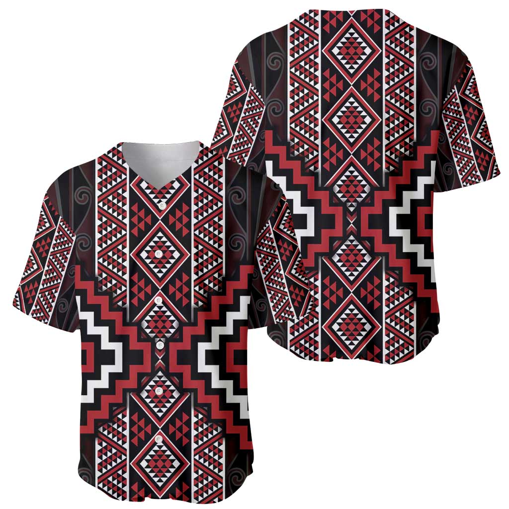 Red Tukutuku Pattern Aotearoa Baseball Jersey Niho Taniwha and Puhoro Motifs LT7 - Polynesian Pride