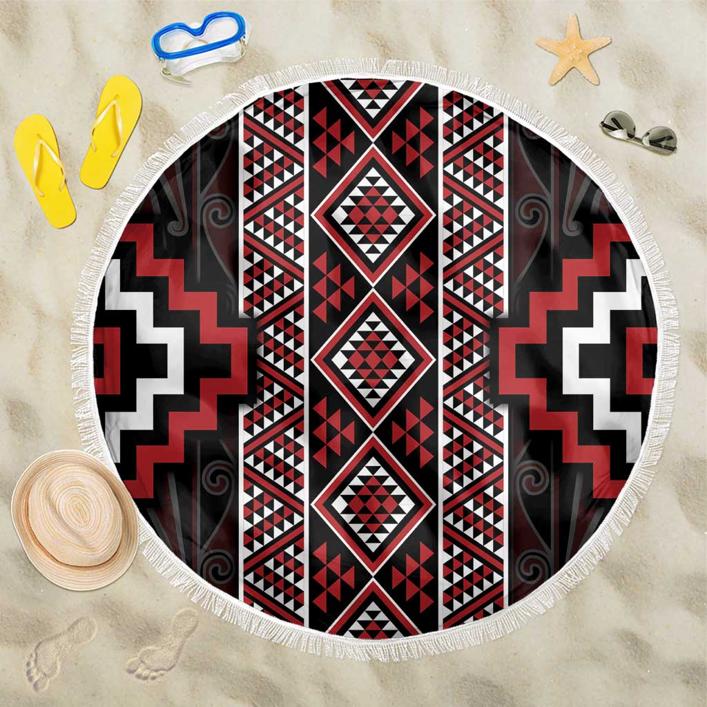 Red Tukutuku Pattern Aotearoa Beach Blanket Niho Taniwha and Puhoro Motifs LT7 One Size 150cm Red - Polynesian Pride