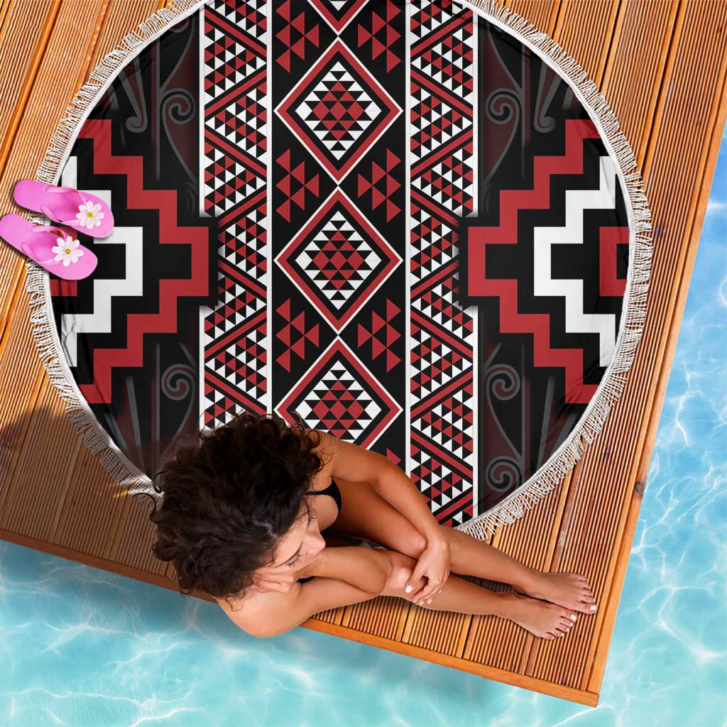 Red Tukutuku Pattern Aotearoa Beach Blanket Niho Taniwha and Puhoro Motifs LT7 - Polynesian Pride