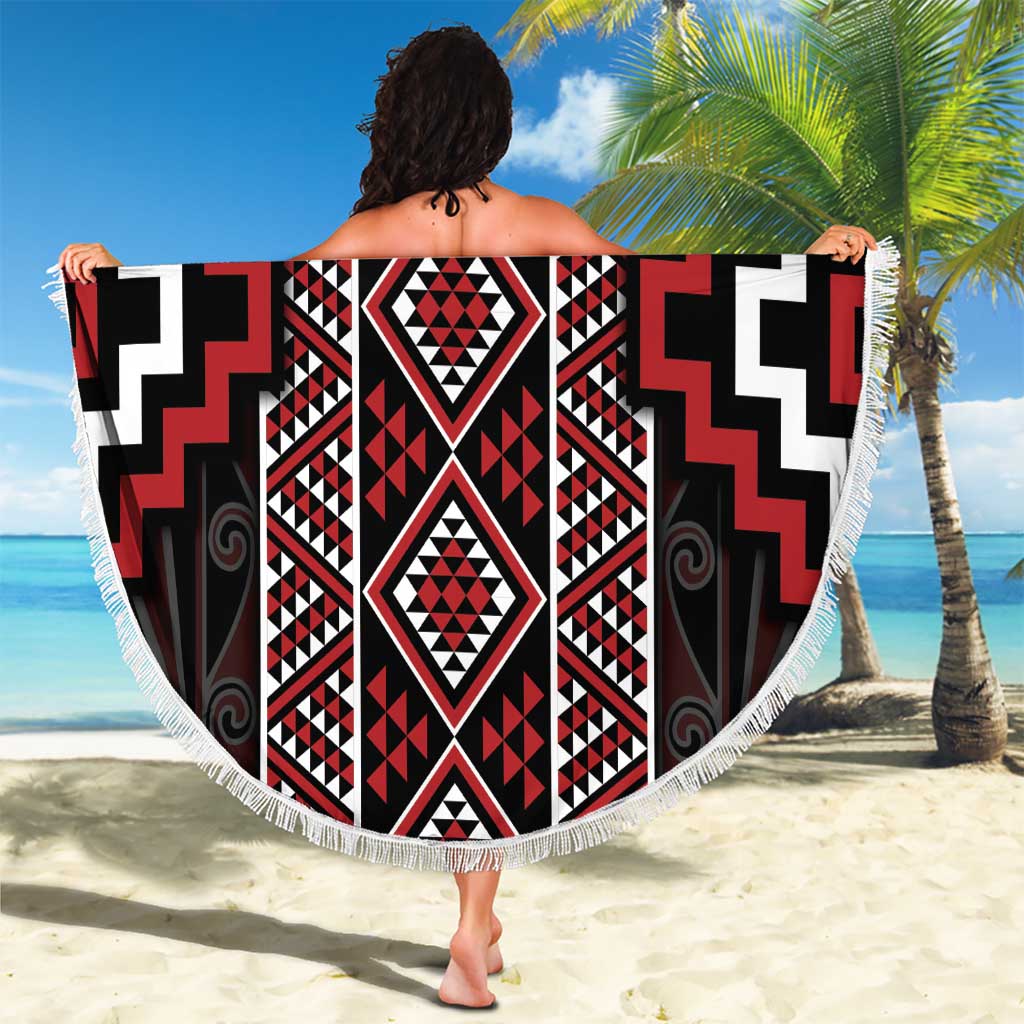 Red Tukutuku Pattern Aotearoa Beach Blanket Niho Taniwha and Puhoro Motifs LT7 - Polynesian Pride
