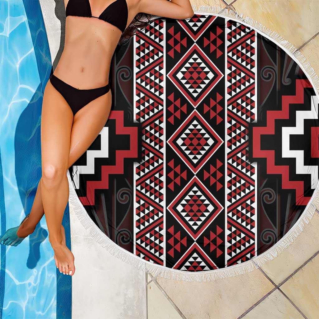 Red Tukutuku Pattern Aotearoa Beach Blanket Niho Taniwha and Puhoro Motifs LT7 - Polynesian Pride
