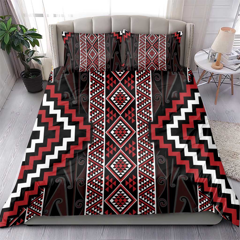 Red Tukutuku Pattern Aotearoa Bedding Set Niho Taniwha and Puhoro Motifs LT7 - Polynesian Pride