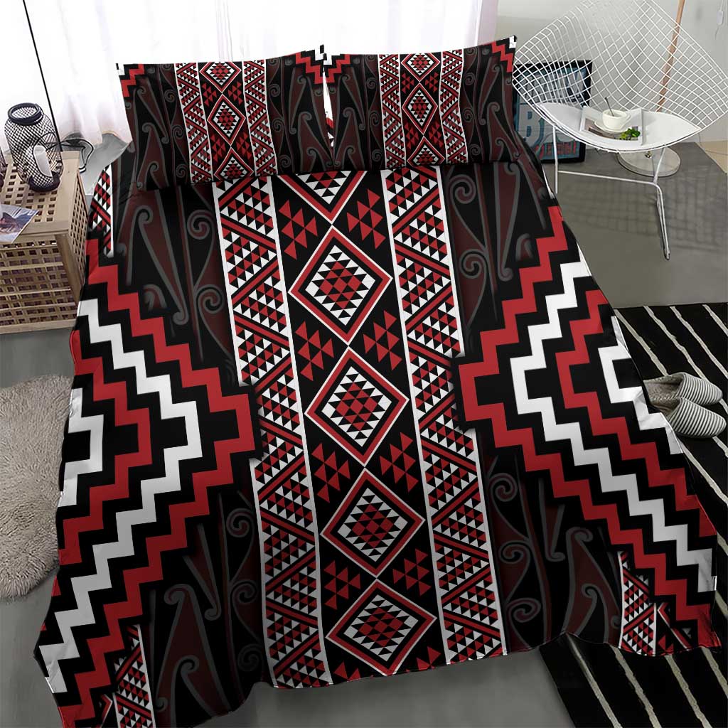 Red Tukutuku Pattern Aotearoa Bedding Set Niho Taniwha and Puhoro Motifs LT7 - Polynesian Pride