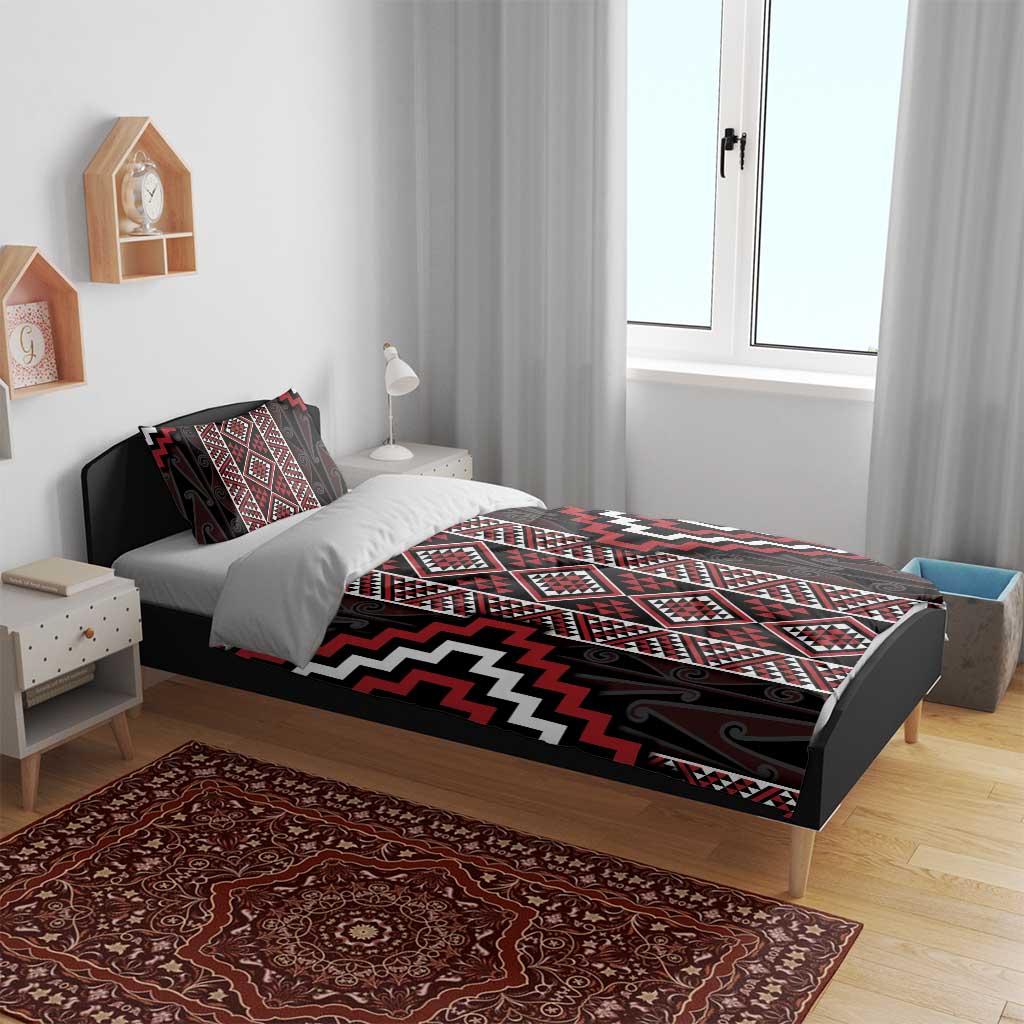 Red Tukutuku Pattern Aotearoa Bedding Set Niho Taniwha and Puhoro Motifs LT7 - Polynesian Pride