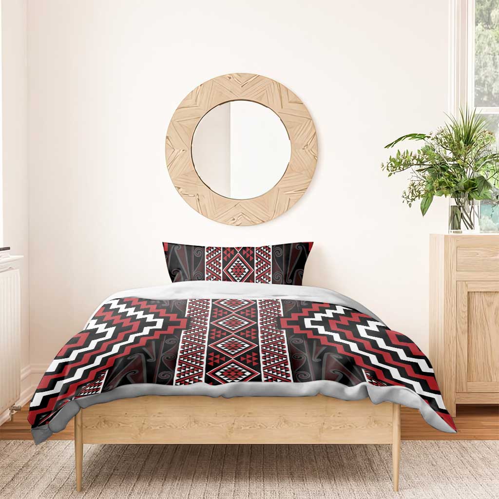 Red Tukutuku Pattern Aotearoa Bedding Set Niho Taniwha and Puhoro Motifs LT7 - Polynesian Pride