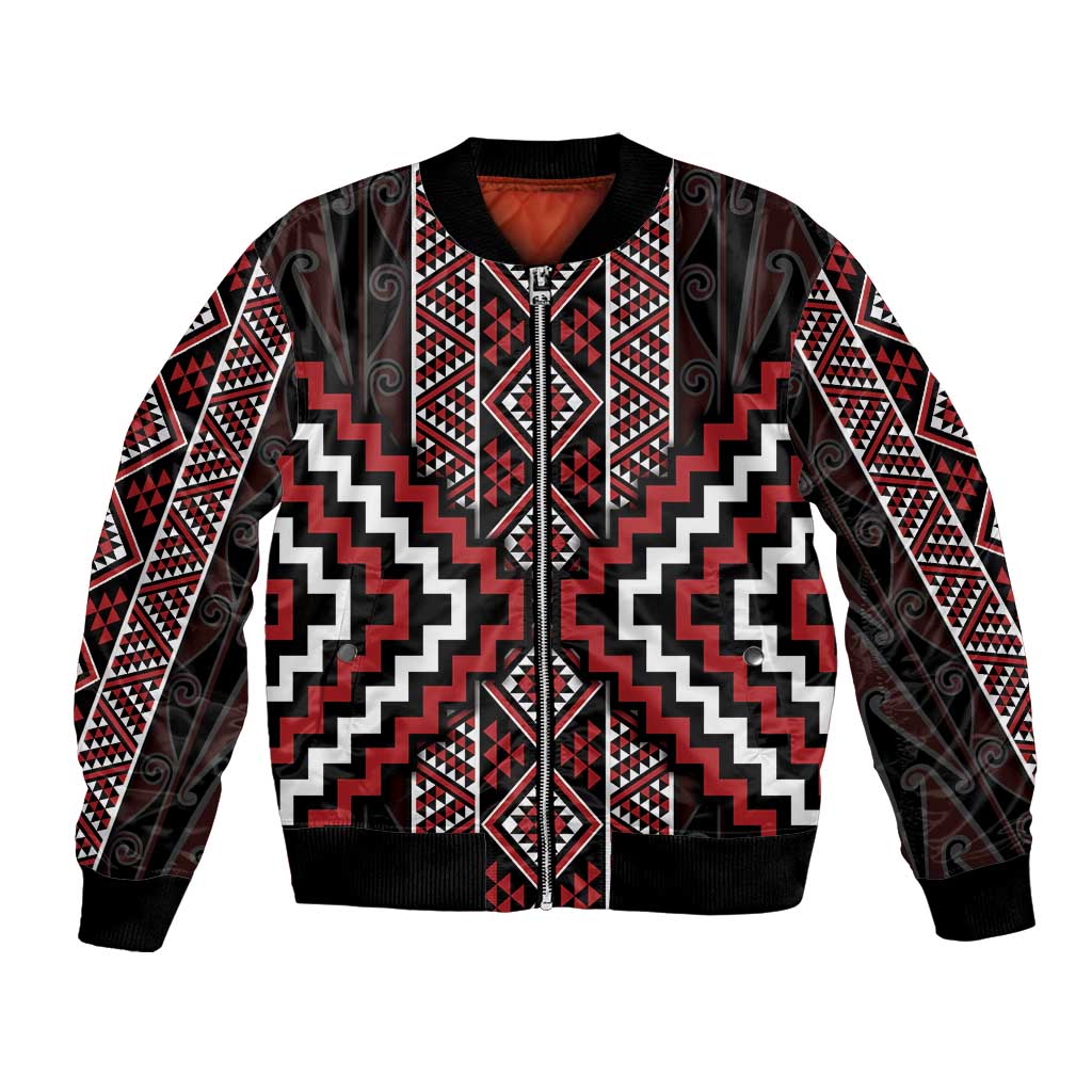 Red Tukutuku Pattern Aotearoa Bomber Jacket Niho Taniwha and Puhoro Motifs LT7 Unisex Red - Polynesian Pride