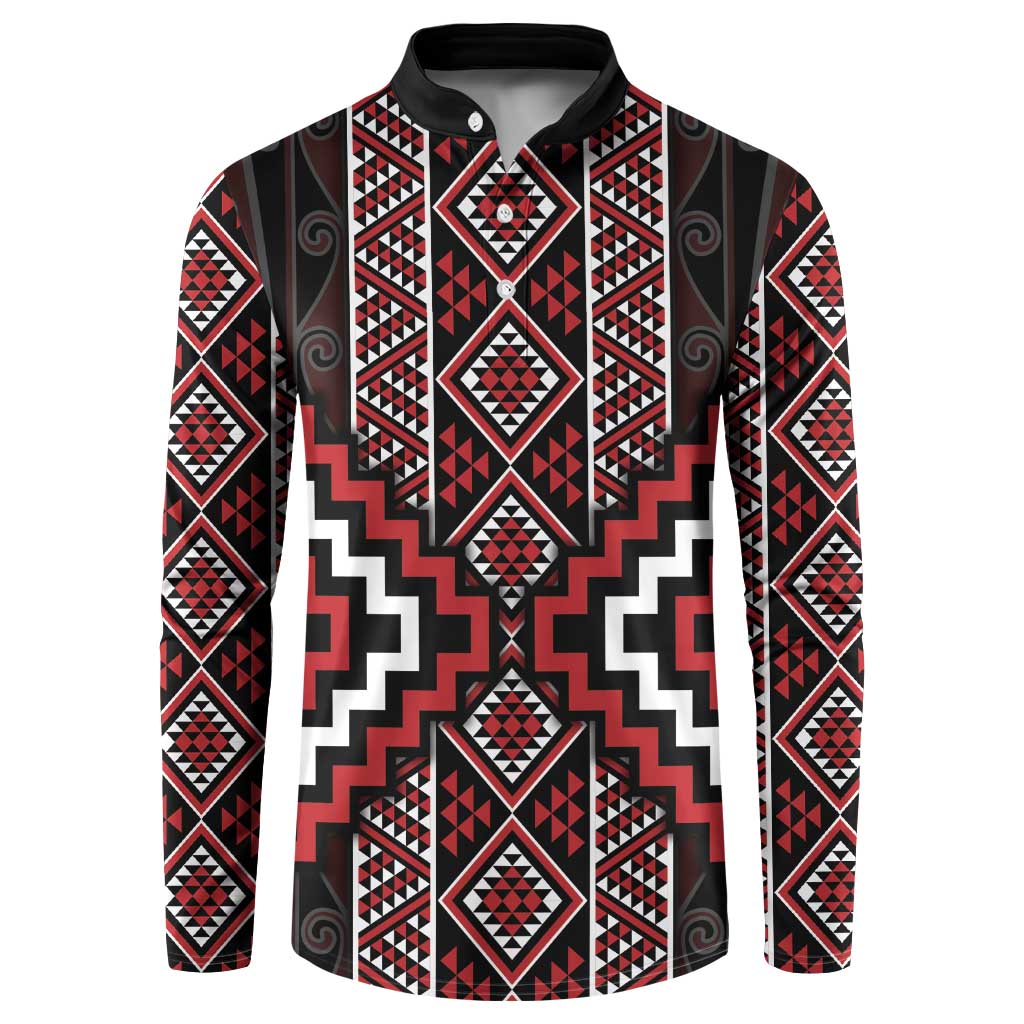 Red Tukutuku Pattern Aotearoa Button Sweatshirt Niho Taniwha and Puhoro Motifs LT7 Red - Polynesian Pride