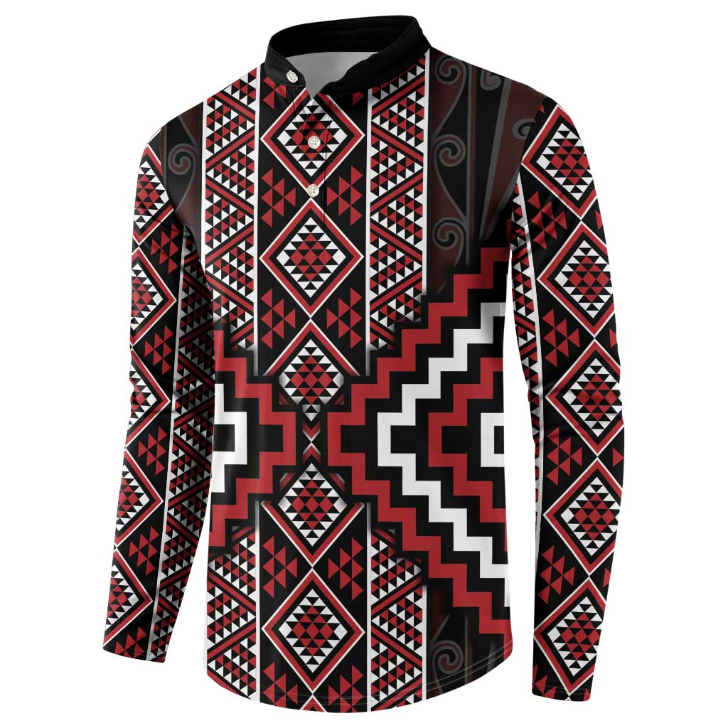 Red Tukutuku Pattern Aotearoa Button Sweatshirt Niho Taniwha and Puhoro Motifs LT7 - Polynesian Pride