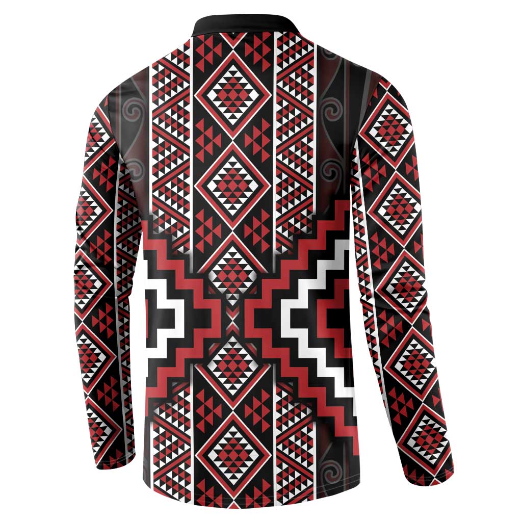 Red Tukutuku Pattern Aotearoa Button Sweatshirt Niho Taniwha and Puhoro Motifs LT7 - Polynesian Pride