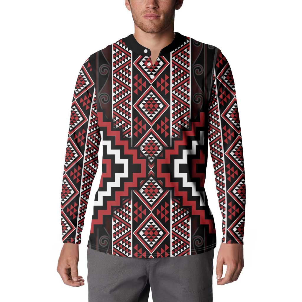 Red Tukutuku Pattern Aotearoa Button Sweatshirt Niho Taniwha and Puhoro Motifs LT7 - Polynesian Pride