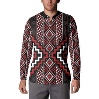 Red Tukutuku Pattern Aotearoa Button Sweatshirt Niho Taniwha and Puhoro Motifs LT7 - Polynesian Pride