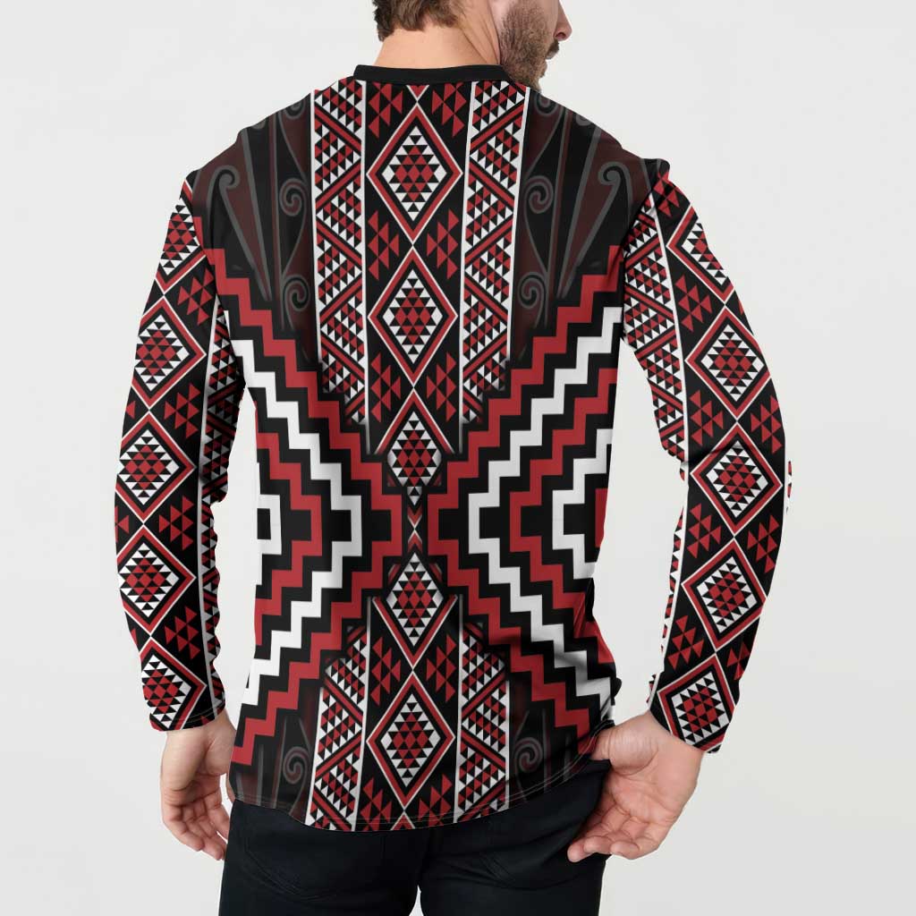 Red Tukutuku Pattern Aotearoa Button Sweatshirt Niho Taniwha and Puhoro Motifs LT7 - Polynesian Pride