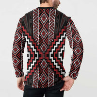 Red Tukutuku Pattern Aotearoa Button Sweatshirt Niho Taniwha and Puhoro Motifs LT7 - Polynesian Pride