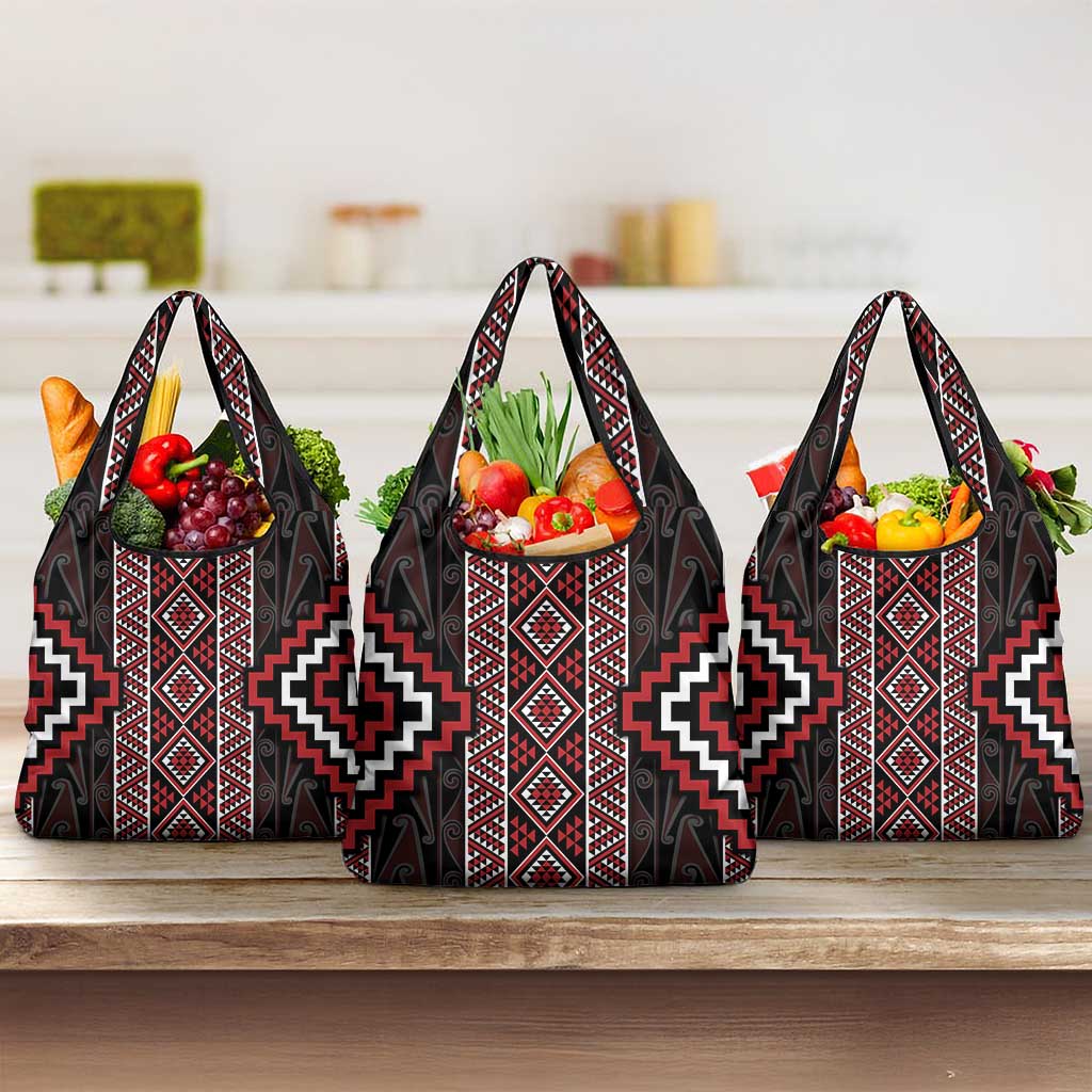 Red Tukutuku Pattern Aotearoa Grocery Bag Niho Taniwha and Puhoro Motifs LT7 3-pack One Size Red - Polynesian Pride