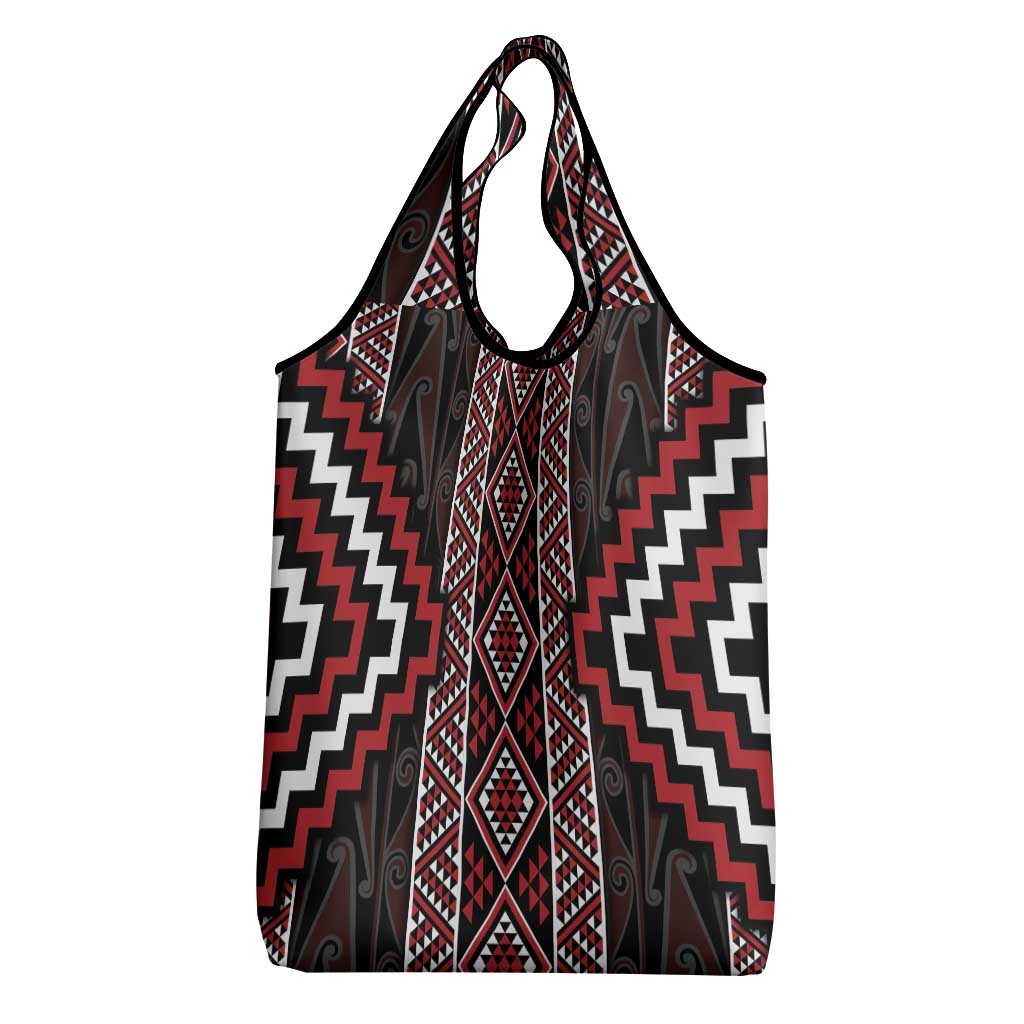 Red Tukutuku Pattern Aotearoa Grocery Bag Niho Taniwha and Puhoro Motifs LT7 - Polynesian Pride