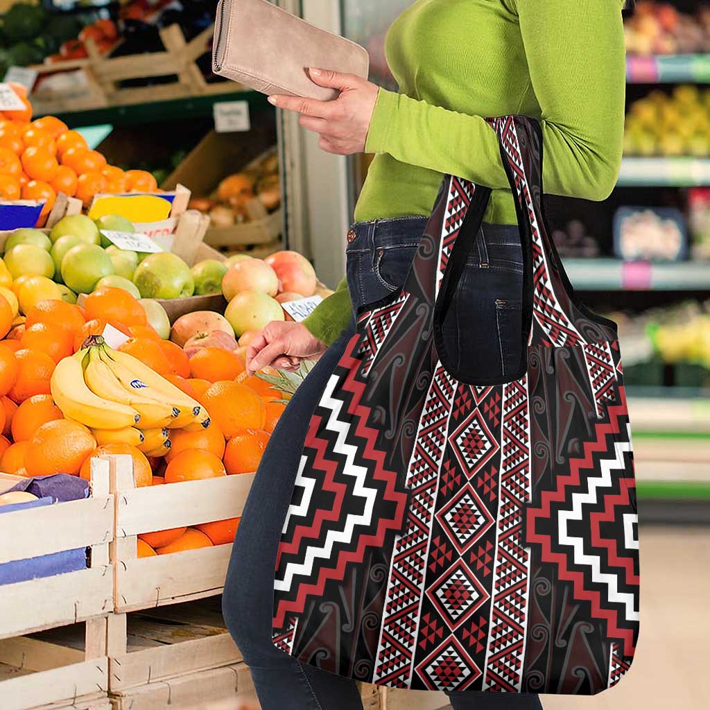 Red Tukutuku Pattern Aotearoa Grocery Bag Niho Taniwha and Puhoro Motifs LT7 - Polynesian Pride