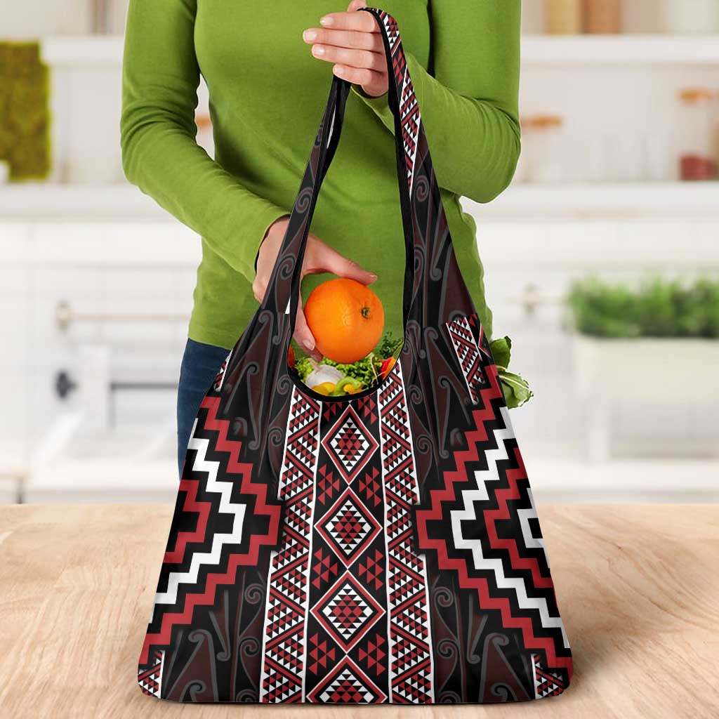 Red Tukutuku Pattern Aotearoa Grocery Bag Niho Taniwha and Puhoro Motifs LT7 - Polynesian Pride
