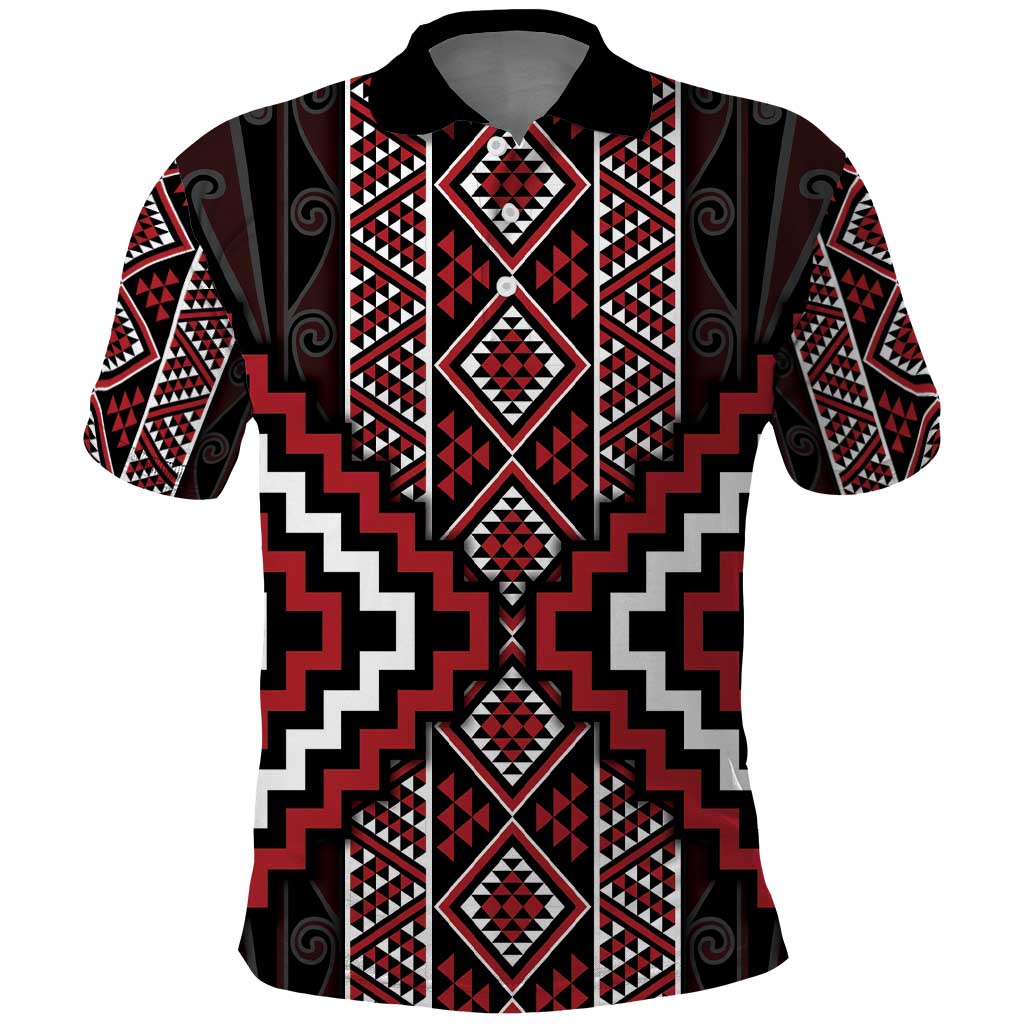 Red Tukutuku Pattern Aotearoa Polo Shirt Niho Taniwha and Puhoro Motifs LT7 Red - Polynesian Pride