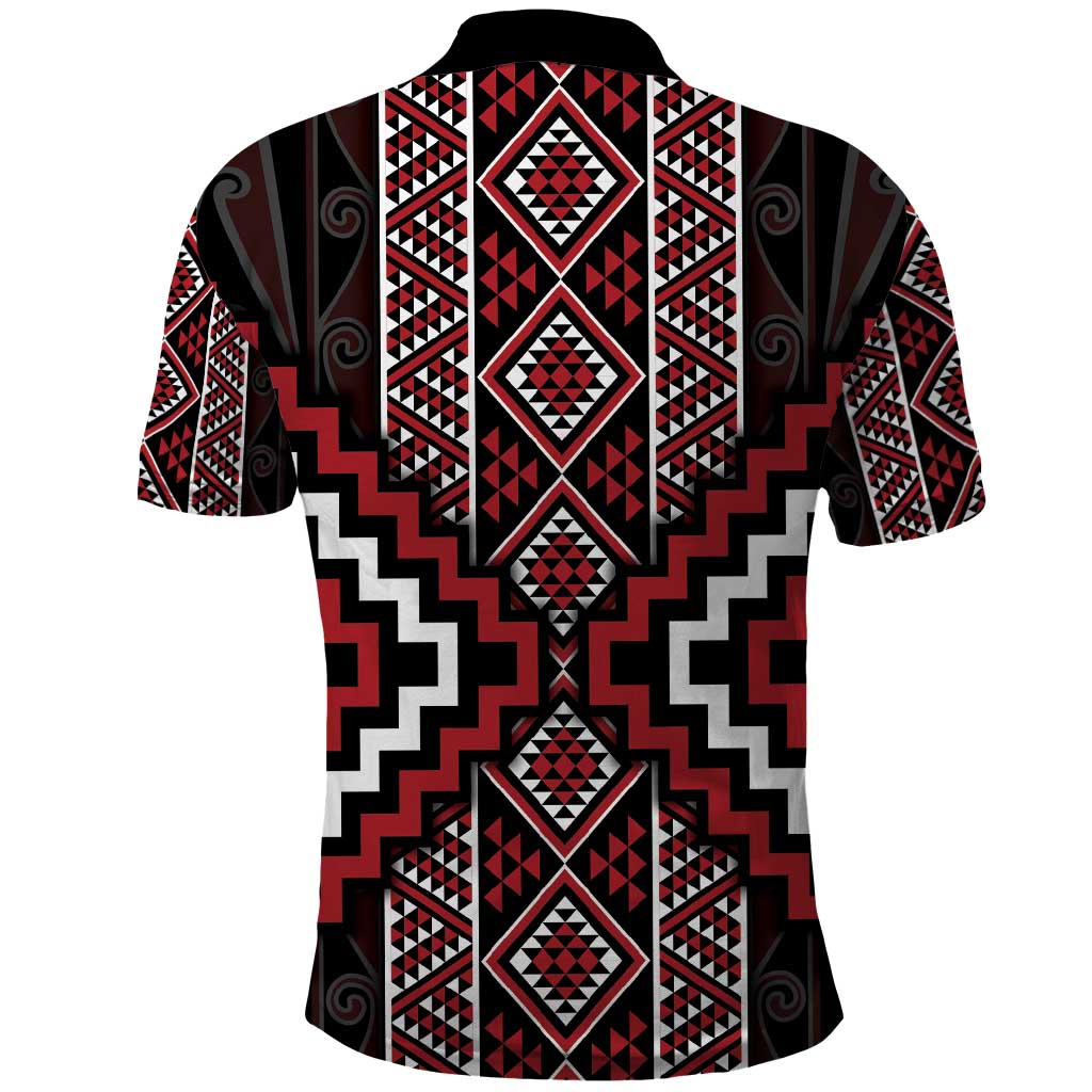 Red Tukutuku Pattern Aotearoa Polo Shirt Niho Taniwha and Puhoro Motifs LT7 - Polynesian Pride