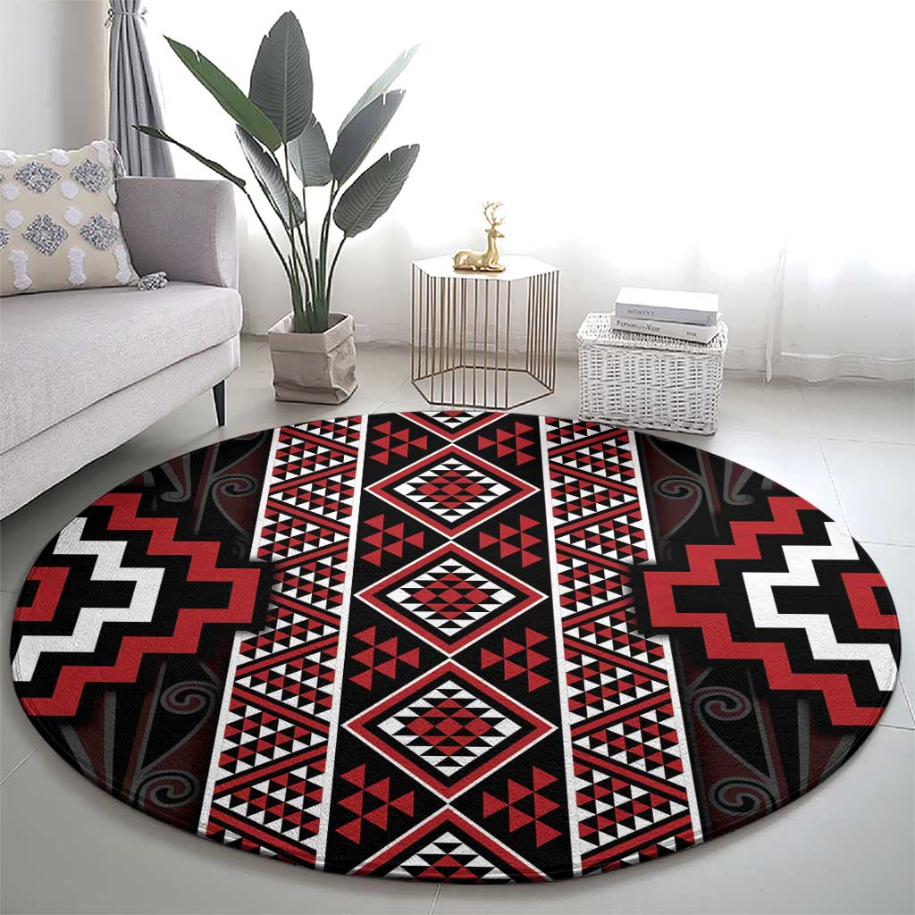 Red Tukutuku Pattern Aotearoa Round Carpet Niho Taniwha and Puhoro Motifs LT7 - Polynesian Pride