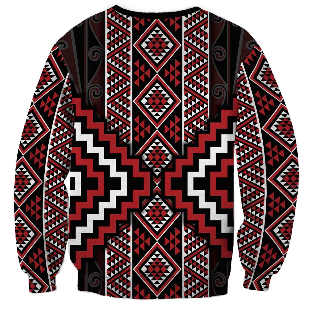 Red Tukutuku Pattern Aotearoa Sweatshirt Niho Taniwha and Puhoro Motifs LT7 - Polynesian Pride