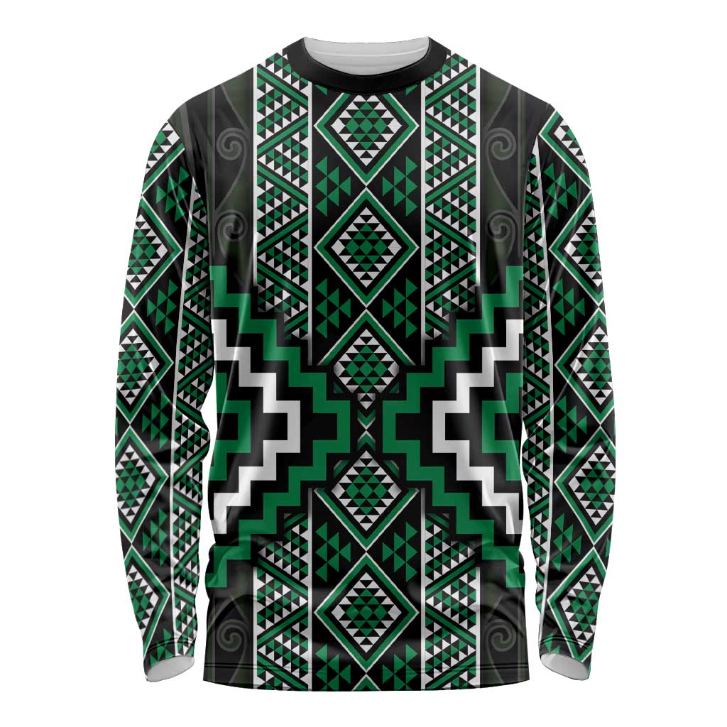 Jade Tukutuku Pattern Aotearoa Long Sleeve Shirt Niho Taniwha and Puhoro Motifs LT7 Unisex Green - Polynesian Pride