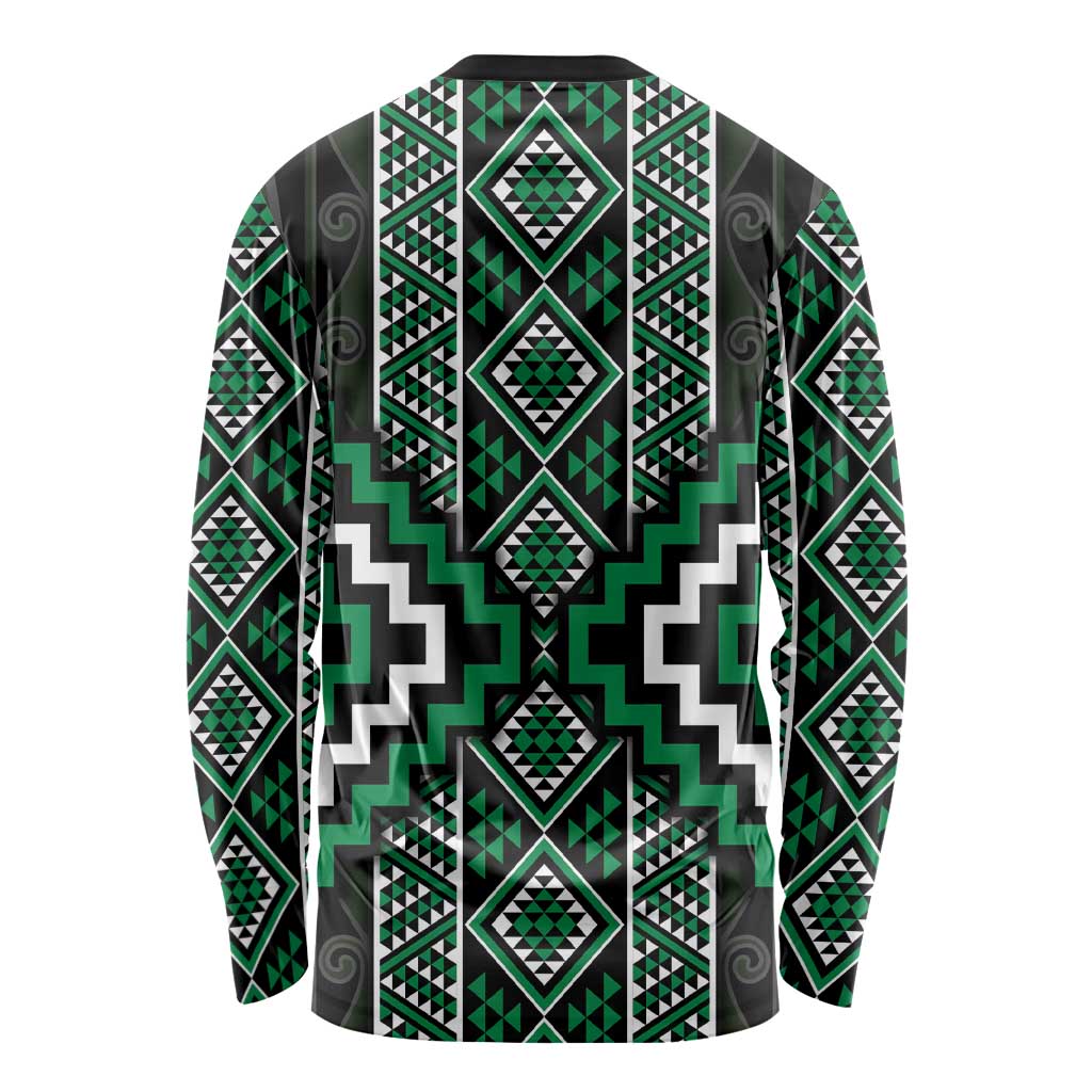 Jade Tukutuku Pattern Aotearoa Long Sleeve Shirt Niho Taniwha and Puhoro Motifs LT7 - Polynesian Pride