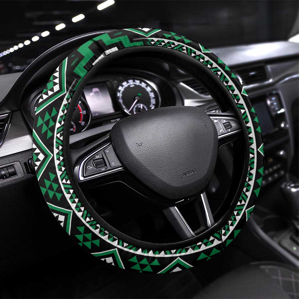 Jade Tukutuku Pattern Aotearoa Steering Wheel Cover Niho Taniwha and Puhoro Motifs