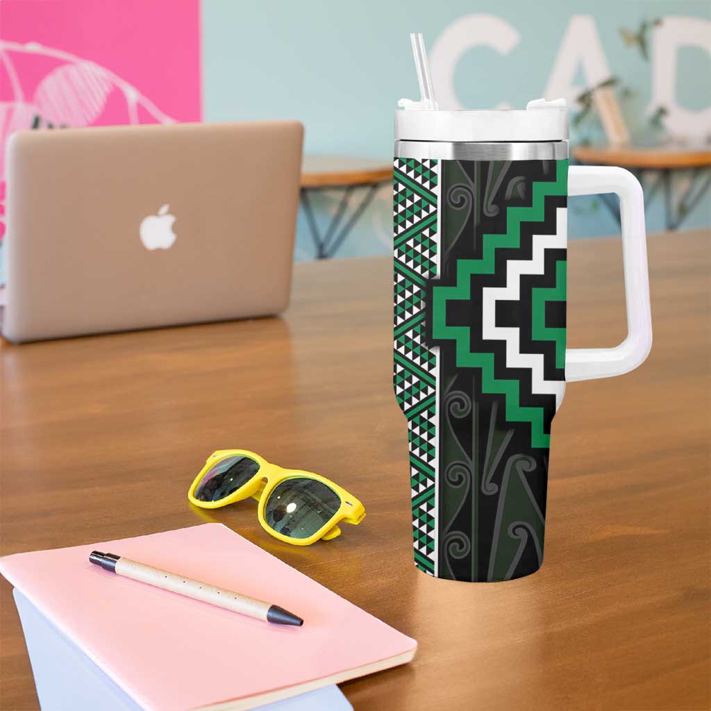 Jade Tukutuku Pattern Aotearoa Tumbler With Handle Niho Taniwha and Puhoro Motifs LT7 - Polynesian Pride