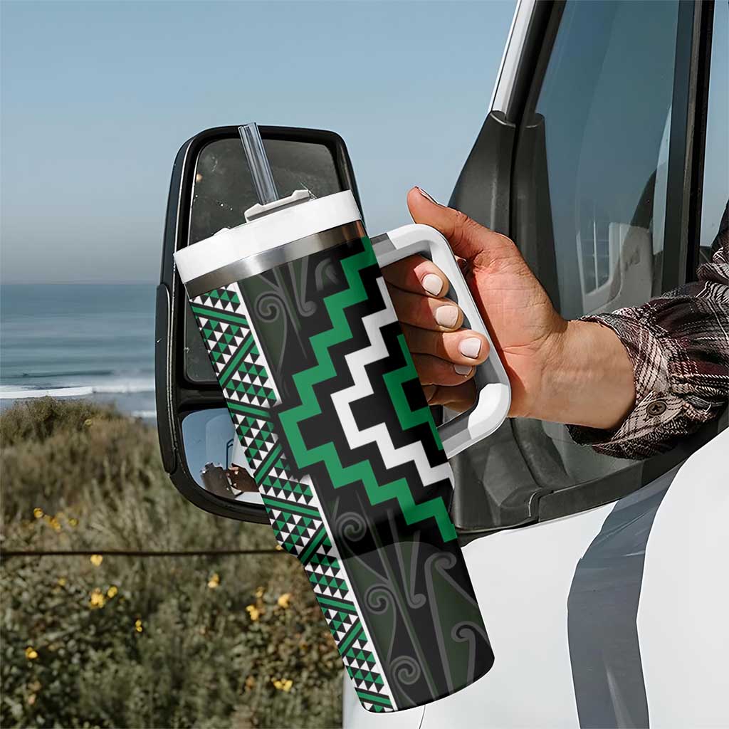 Jade Tukutuku Pattern Aotearoa Tumbler With Handle Niho Taniwha and Puhoro Motifs LT7 - Polynesian Pride
