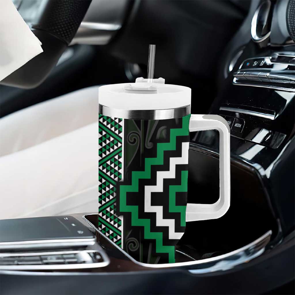 Jade Tukutuku Pattern Aotearoa Tumbler With Handle Niho Taniwha and Puhoro Motifs LT7 - Polynesian Pride